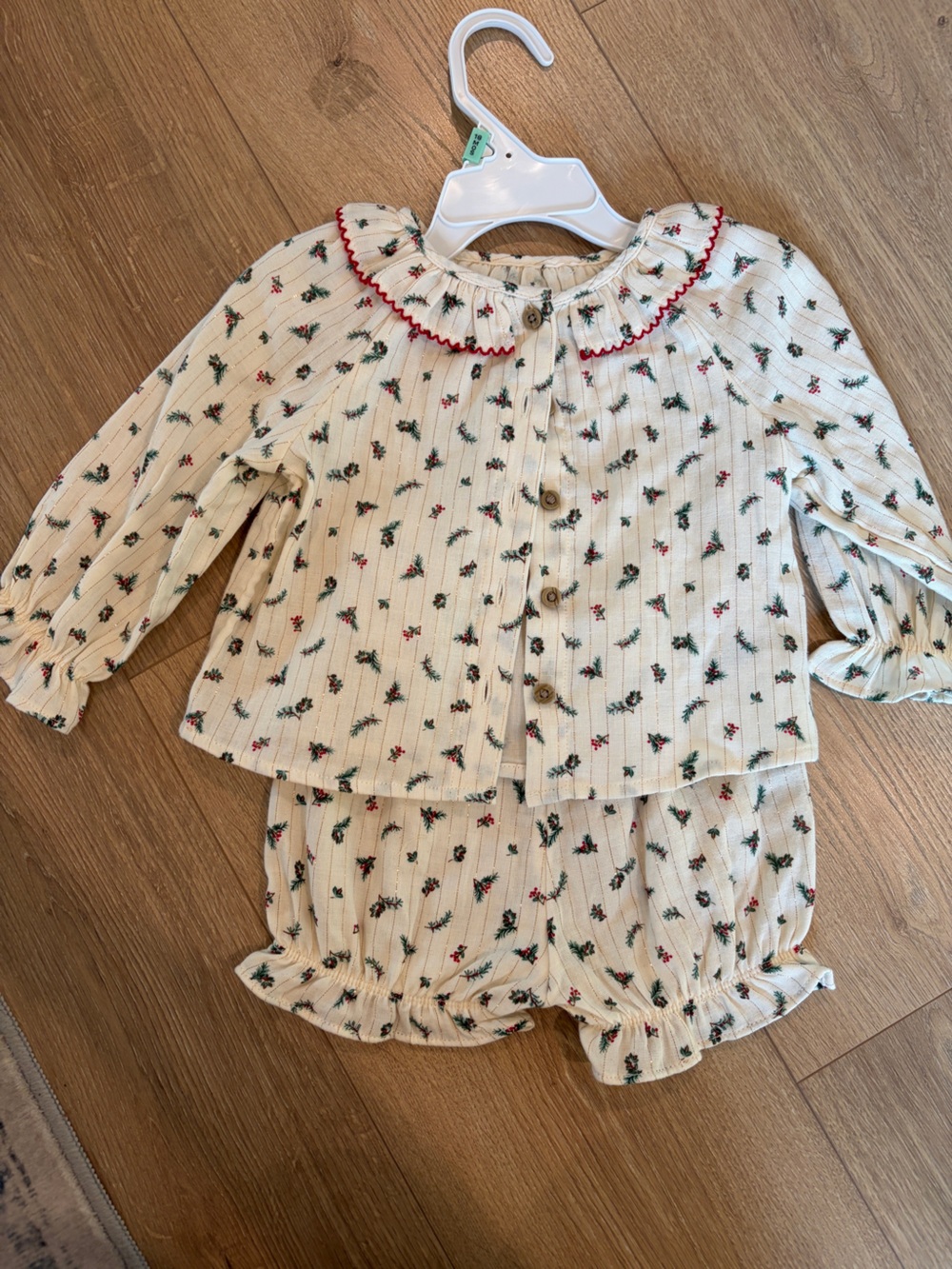 cloud island Cream Floral Pajama Set with Red Trim